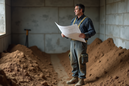 Homme en salopette examinant des plans de construction