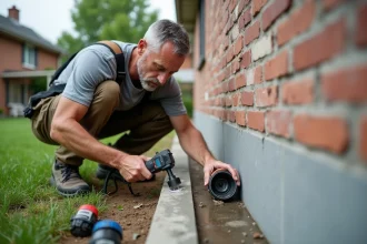 Homme en extérieur appliquant un joint étanche