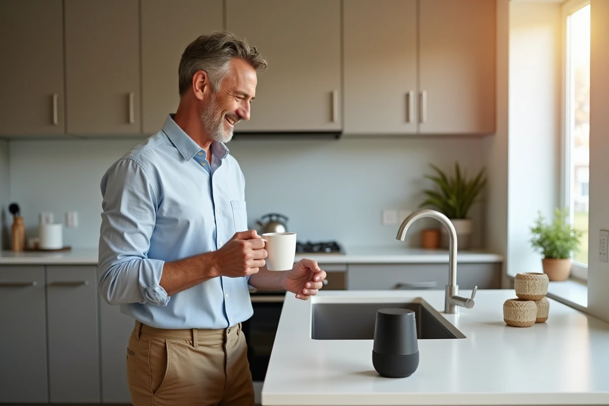 Homme dans la cuisine contrôlant un assistant vocal connecté