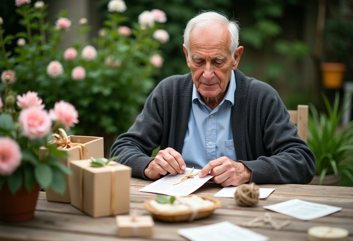 Homme âgé créant une pochette en papier recyclé dans le jardin