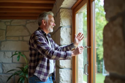Homme souriant inspectant une fenetre energie efficace dans une maison renovée