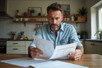 Homme d'âge moyen examine des devis de carrelage à la maison