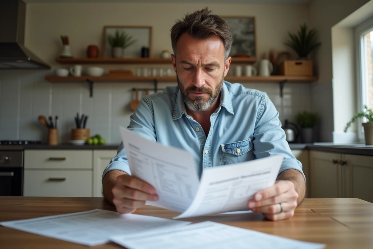 Homme d'âge moyen examine des devis de carrelage à la maison
