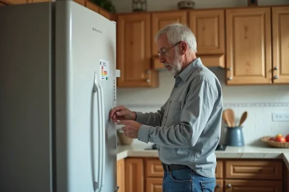 Homme regardant l'étiquette énergétique d'un frigo moderne dans une cuisine