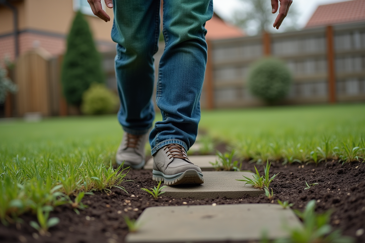 Homme d'âge moyen dans un jardin en train de marcher prudemment