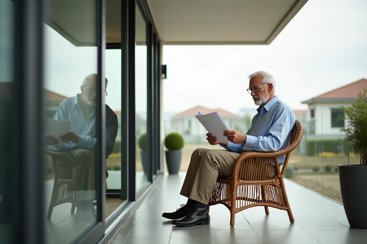 Homme senior lisant un document dans une veranda lumineuse