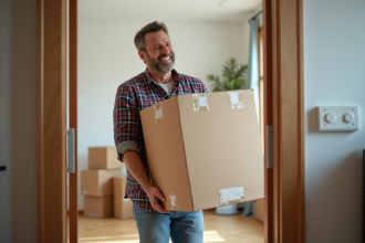 Homme en jeans et chemise à carreaux déplaçant une grande boîte en carton