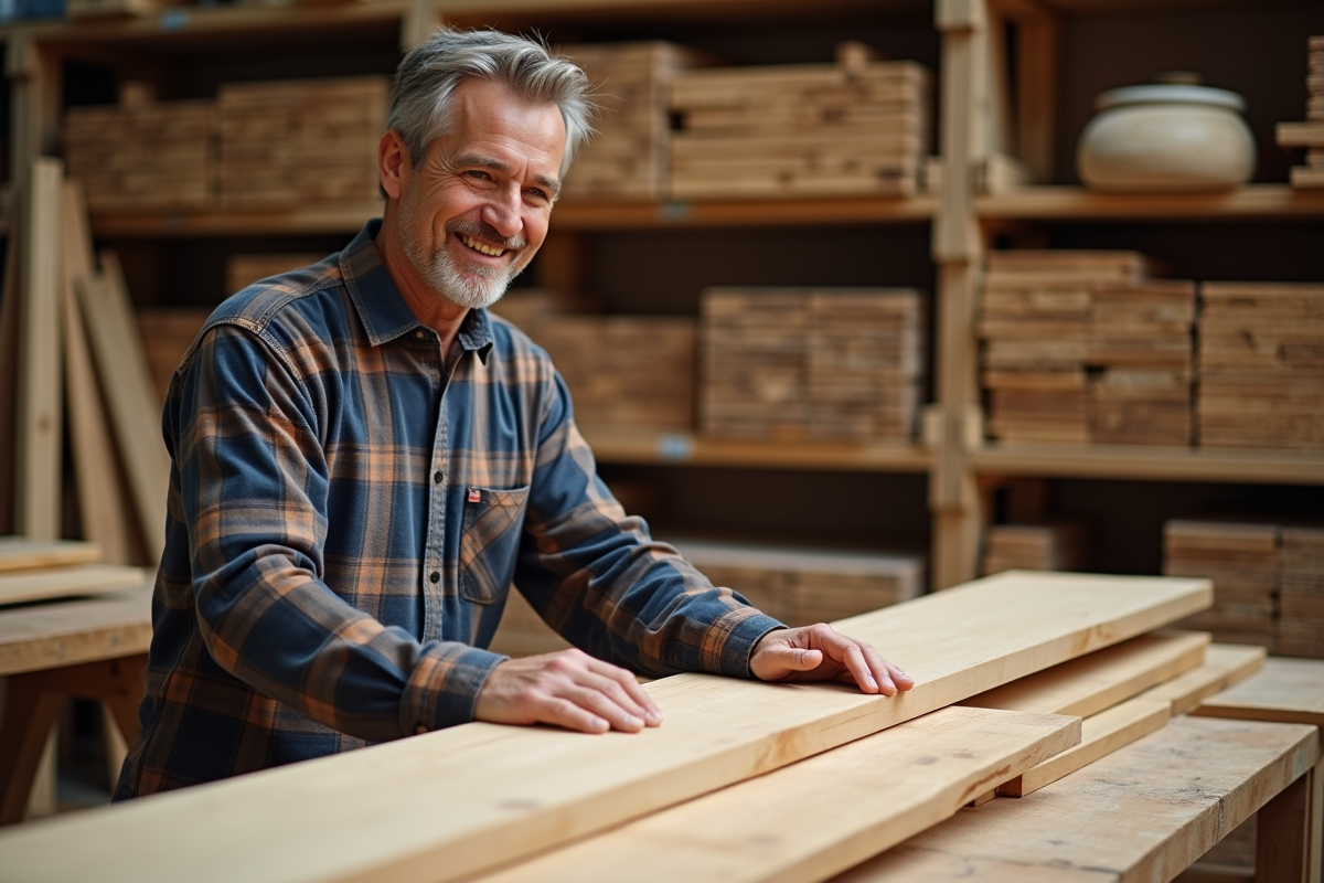 Homme souriant examinant des planches de bois dans un atelier