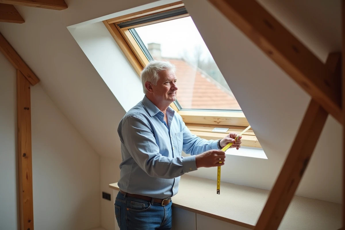 Homme en chemise mesure une fenêtre de toit dans un grenier