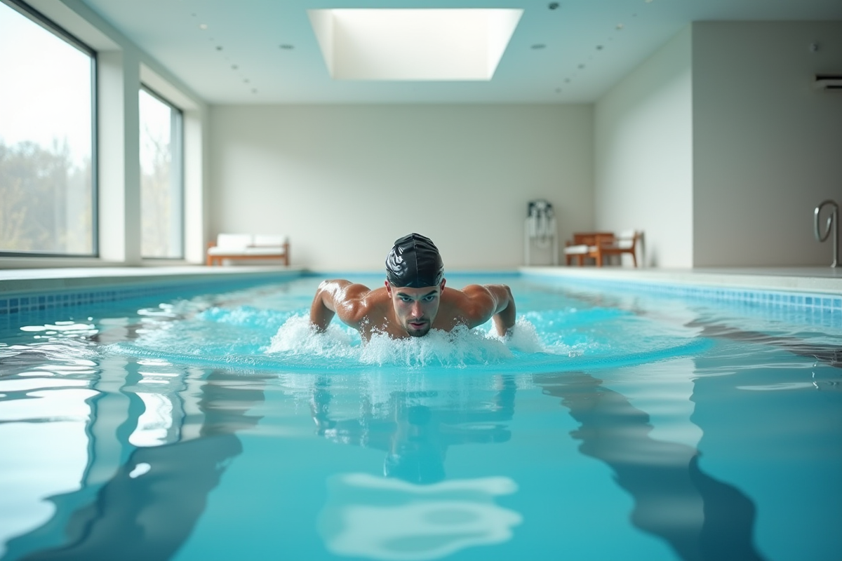 Homme nageant en crawl dans une piscine intérieure moderne
