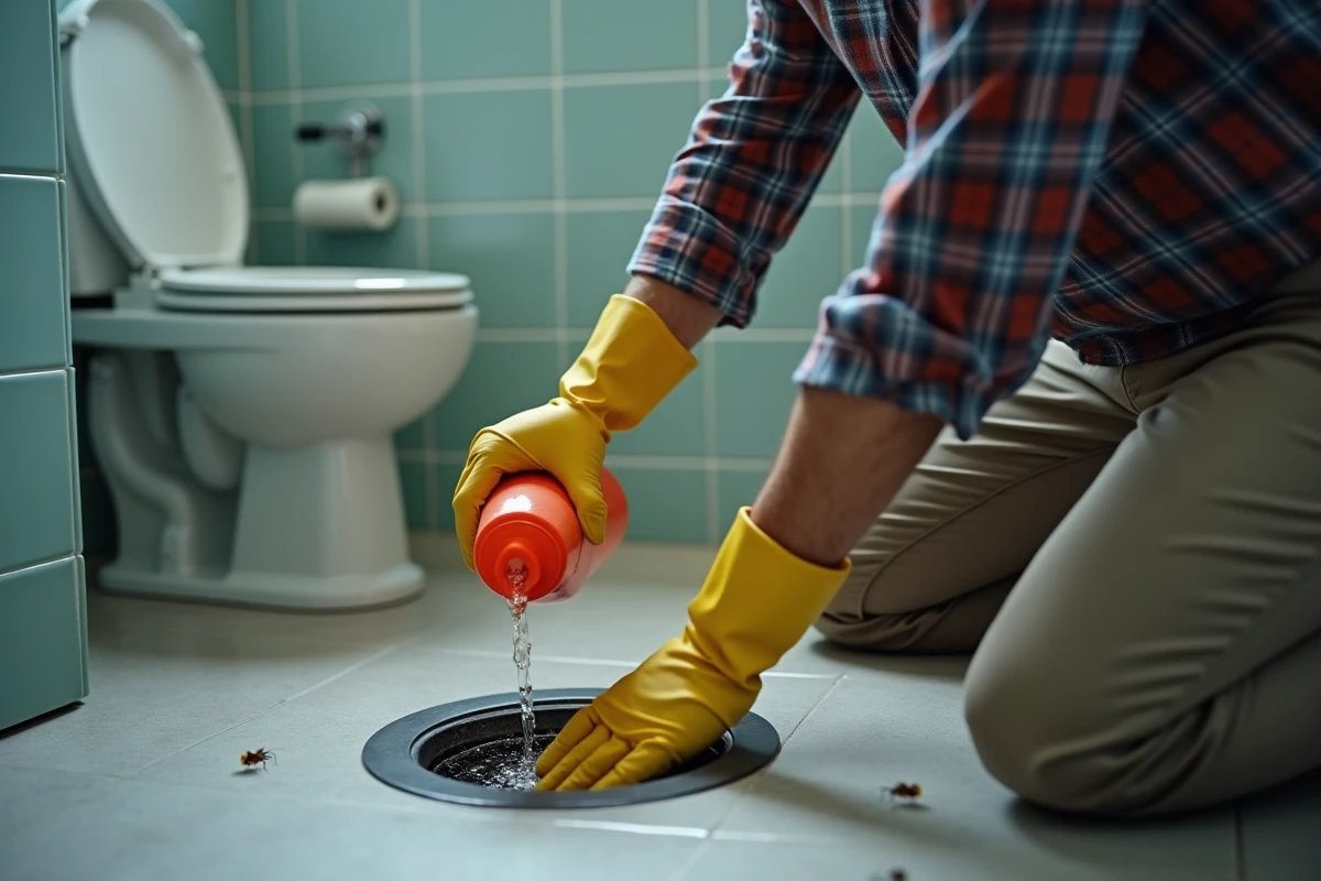 Homme versant un produit dans un drain de salle de bain