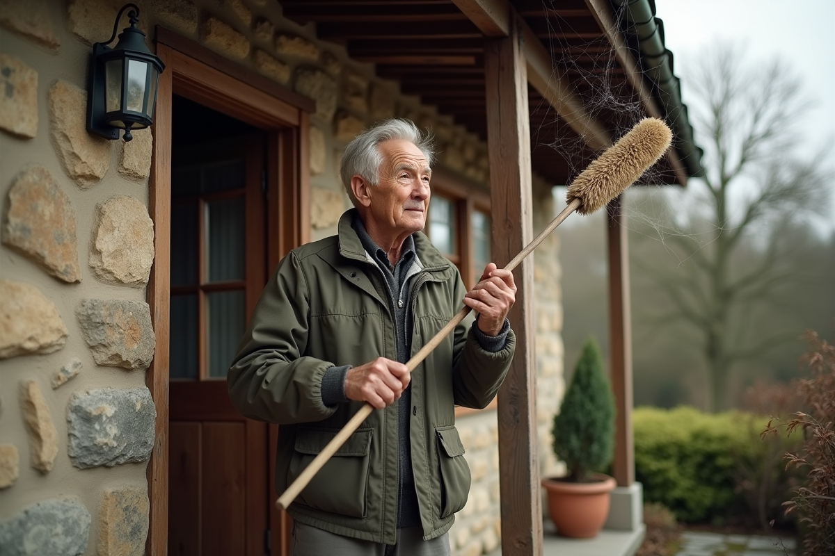 Homme âgé nettoyant les gouttières de sa maison extérieure