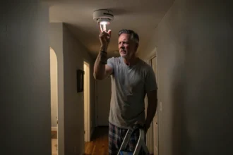Homme en pyjama debout sur un escabeau dans un couloir sombre la nuit, inspectant un détecteur de fumée au plafond