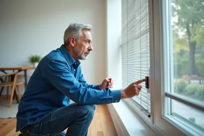 Homme d'âge moyen répare un volet électrique dans un salon lumineux