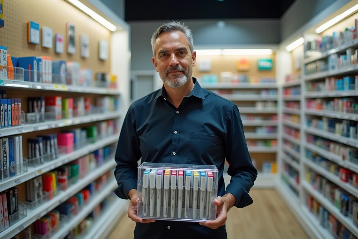 Homme tenant une boîte de stylos promotionnels dans une boutique de papeterie organisée avec des murs de présentoirs colorés