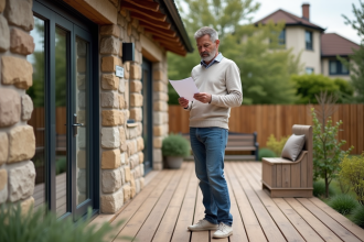Homme d'âge moyen sur terrasse en bois avec documents