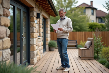 Homme d'âge moyen sur terrasse en bois avec documents