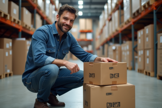 Homme vérifiant des cartons dans un entrepôt organisé