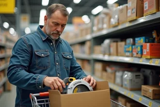 Homme d'âge moyen examinant une scie circulaire en magasin