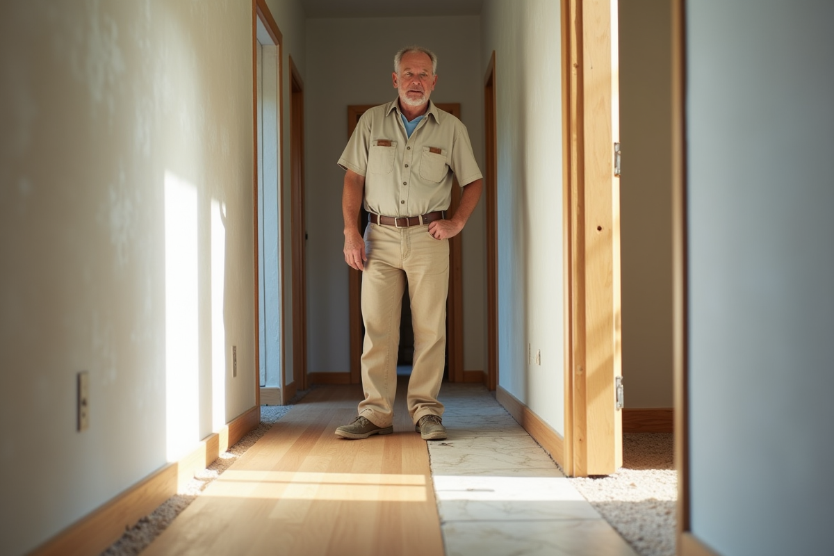 Homme inspectant un sol en stratifié dans un couloir lumineux