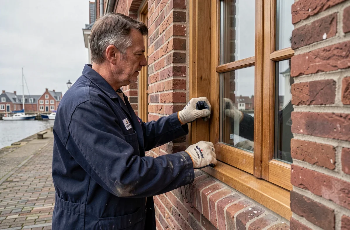 Menuisier Hugo Menuiseries Dunkerque installant une fenêtre en bois double vitrage sur une maison de ville historique à Dunkerque