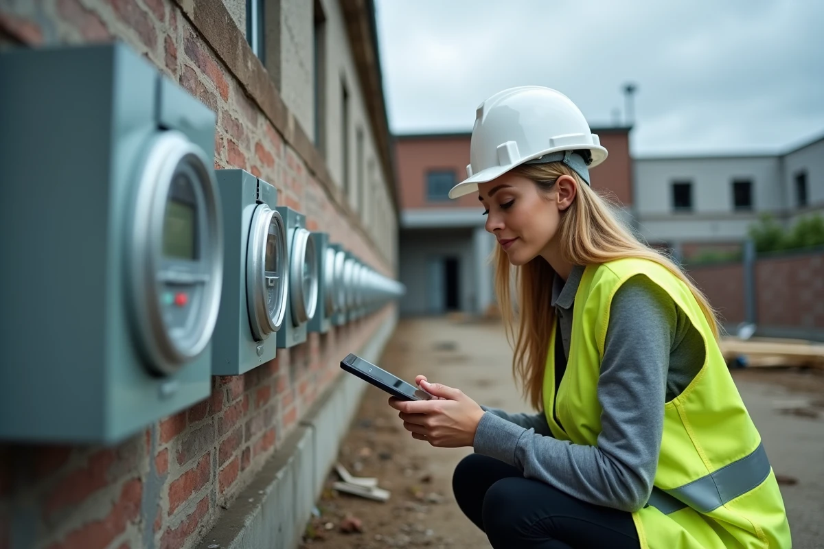 Ingénieure électricienne analysant des sous-compteurs intelligents installés en extérieur sur un chantier commercial