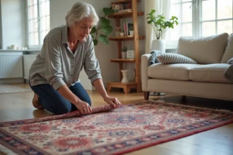 Femme inspectant un tapis persan en laine dans un salon pour évaluer son état avant nettoyage professionnel