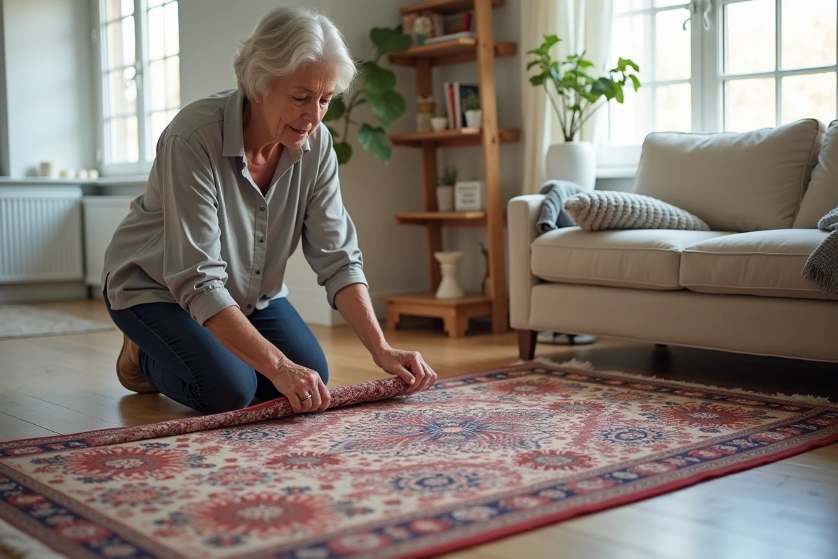 Femme inspectant un tapis persan en laine dans un salon pour évaluer son état avant nettoyage professionnel