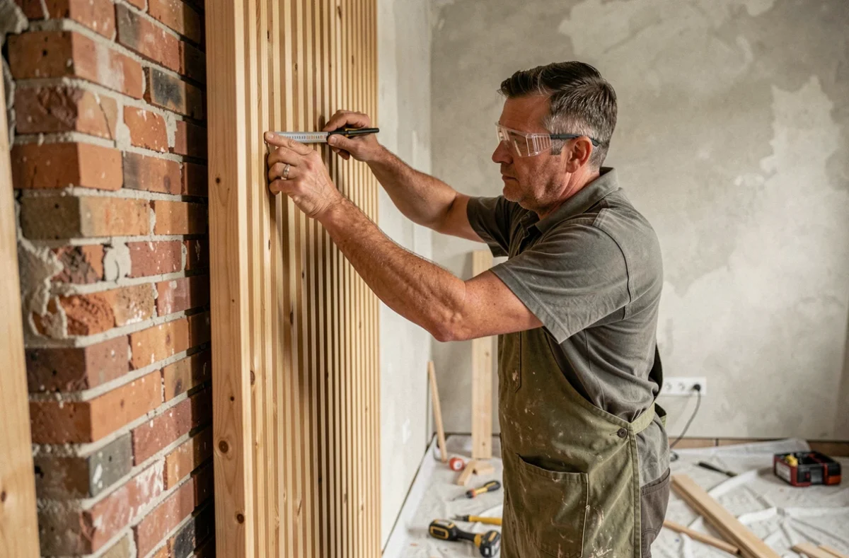 Menuisier installant un panneau latte bois sur mesure sur un mur en brique irrégulier lors d'une rénovation