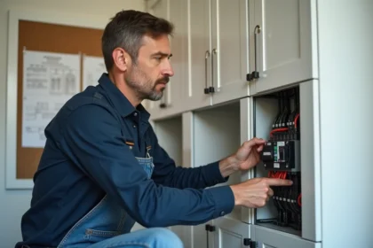 Homme installant un disjoncteur dans un tableau électrique moderne