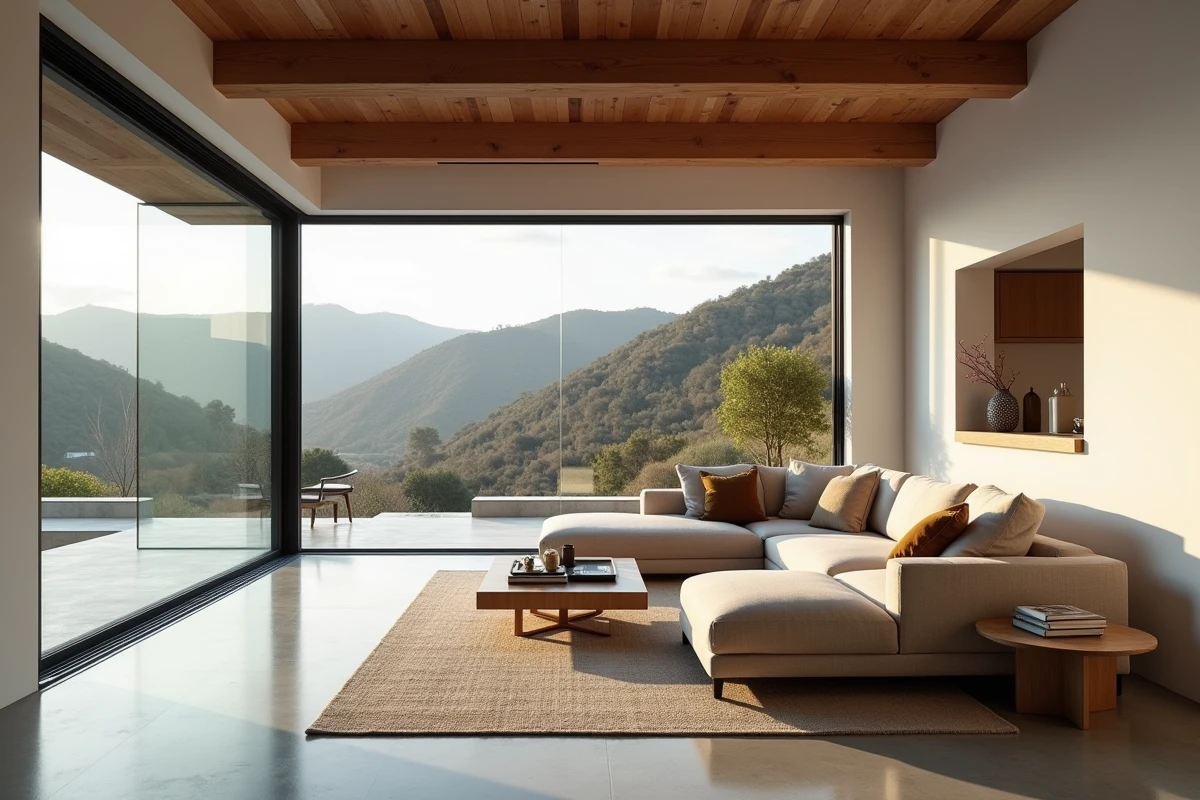Intérieur séjour maison plain pied terrain en pente avec baies vitrées donnant sur terrasse et jardin en pente