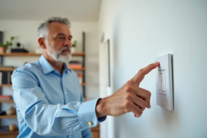 Homme en chemise bleue appuyant sur un interrupteur moderne dans un salon