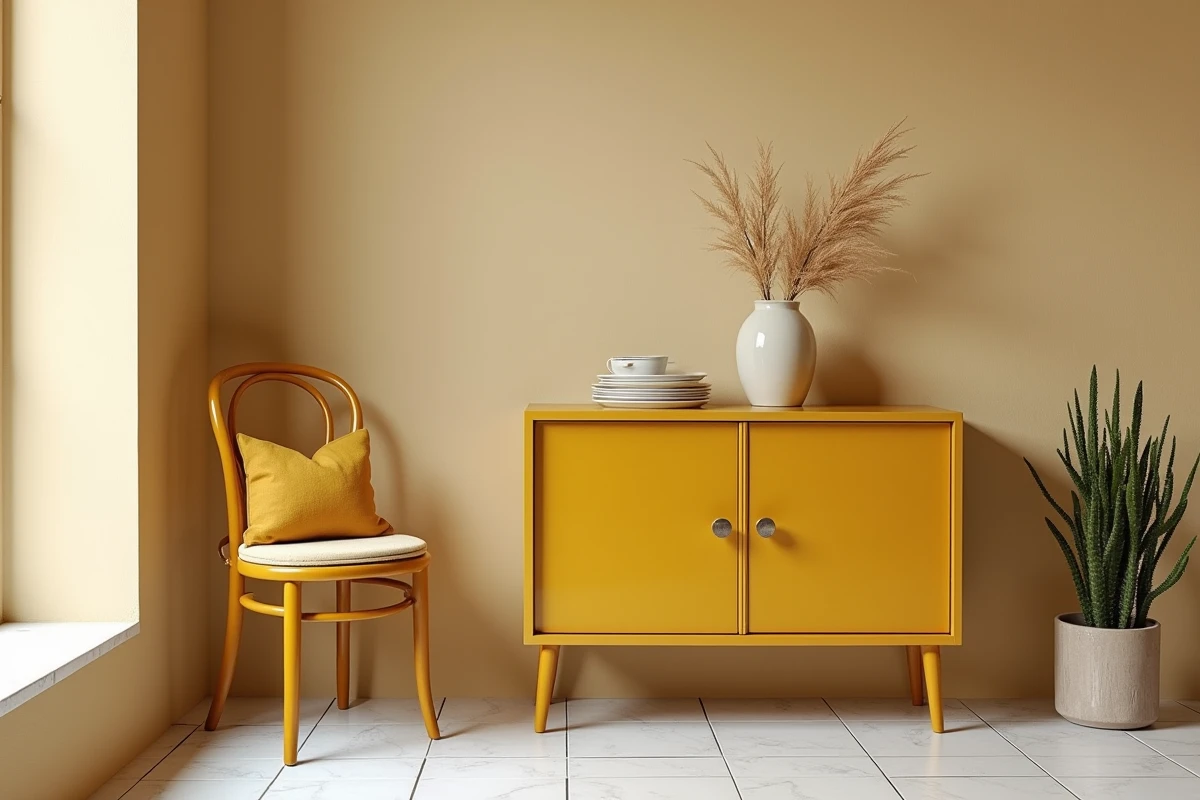 Chaises et buffet en jaune moutarde comme touche de couleur sur le mobilier d'un coin repas bistrot