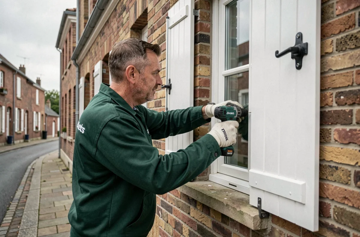 Installateur Jdvolets posant des volets et une fenêtre double vitrage sur une maison en brique du nord de la France