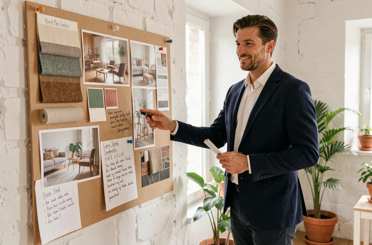 Jérémy Chocraux présentant un tableau de style intérieur dans son studio du Nord-Pas-de-Calais