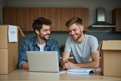 Jeune couple souriant organisant leur déménagement à la maison