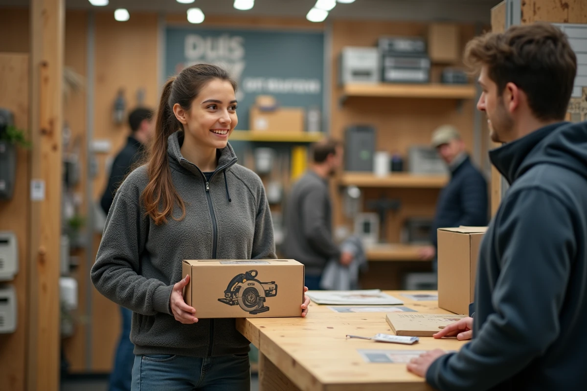Jeune femme tenant une scie circulaire au comptoir du magasin