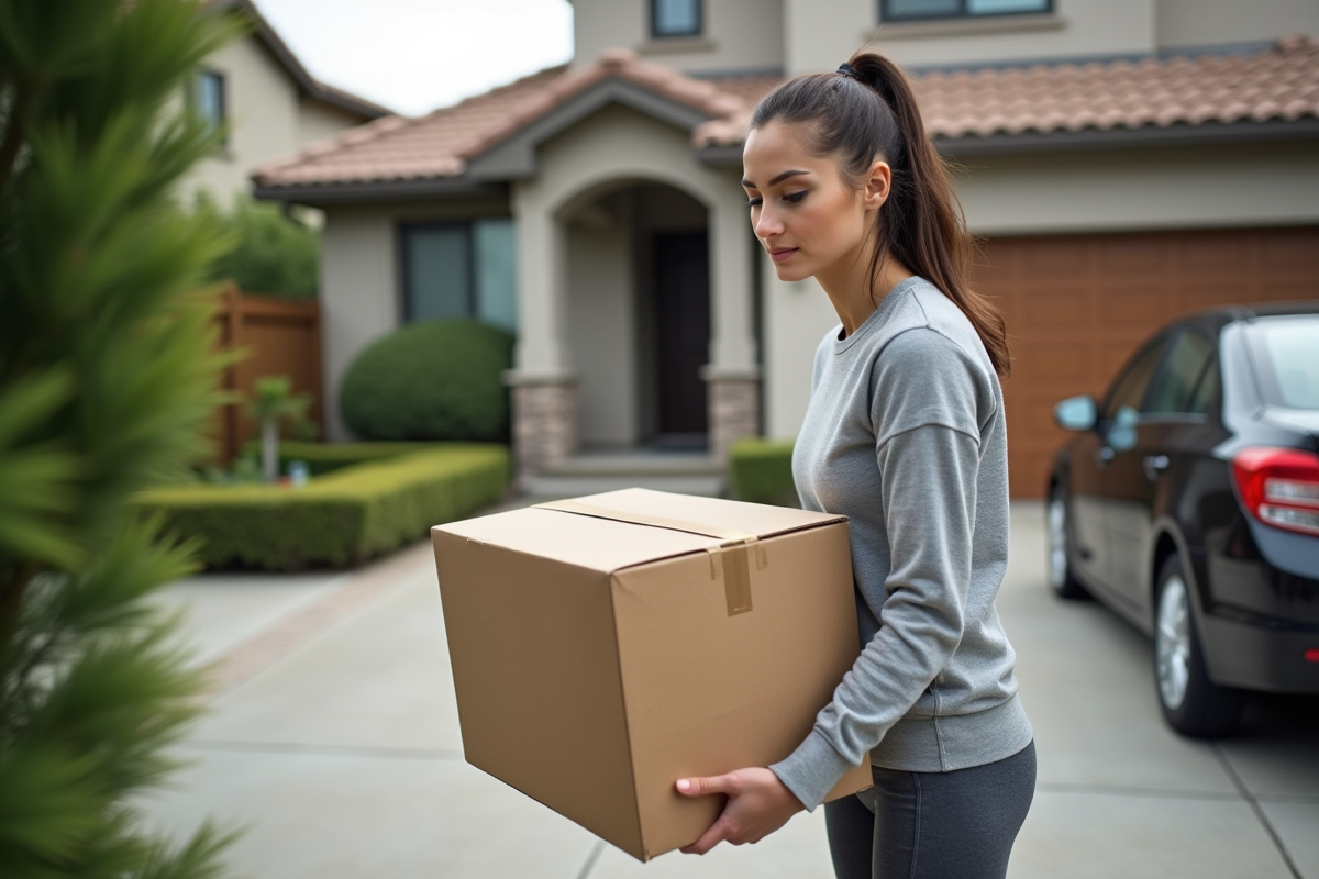 Jeune femme en tenue de sport soulevant une boîte dans la cour d