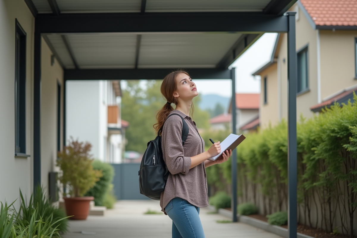 Jeune femme prenant des notes sous un carport moderne en métal