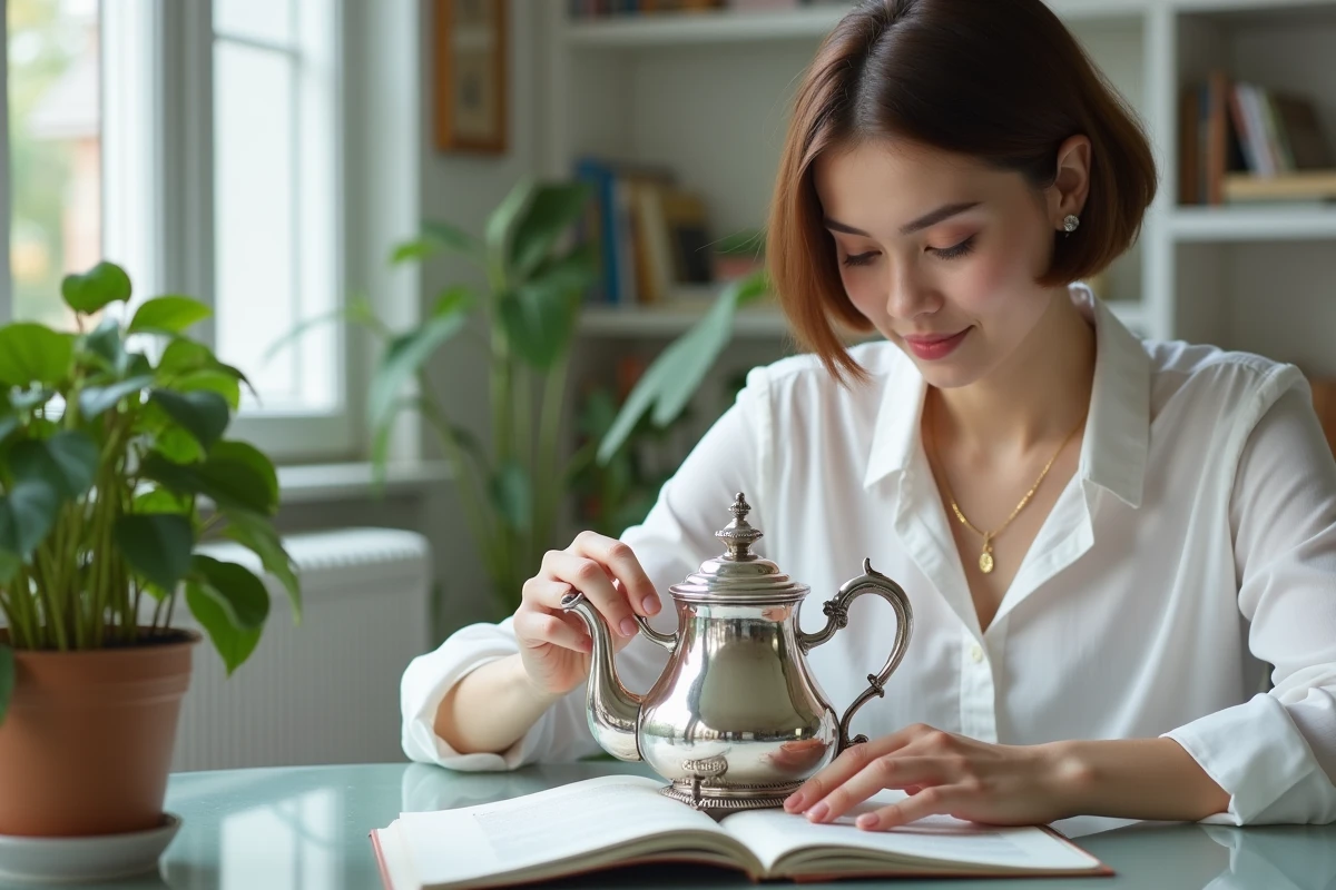 Jeune femme inspectant une théière en argent dans un salon moderne