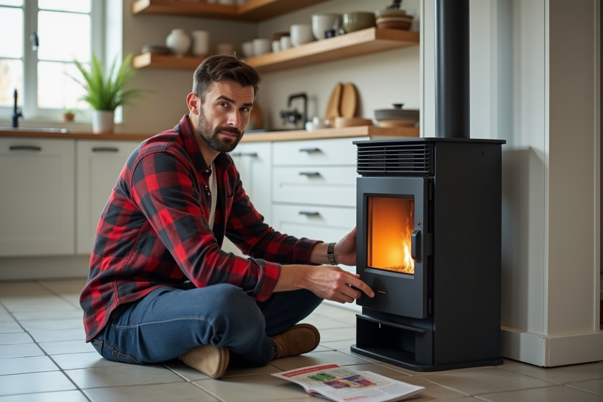 Jeune homme en flanelle assemble un poêle à pellets dans une cuisine moderne