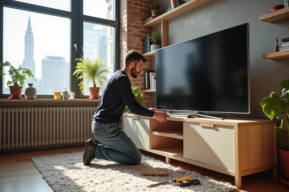 Jeune homme assemblant un meuble TV d