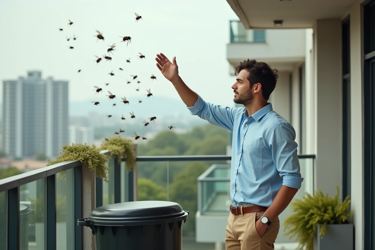 Jeune homme agitant des mouches sur un balcon urbain