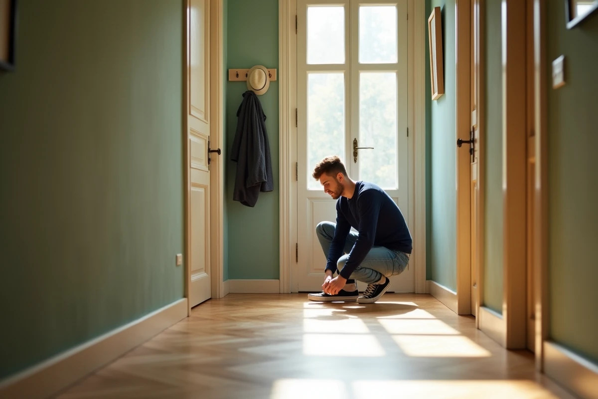 Jeune homme nouant ses chaussures dans entrée lumineuse
