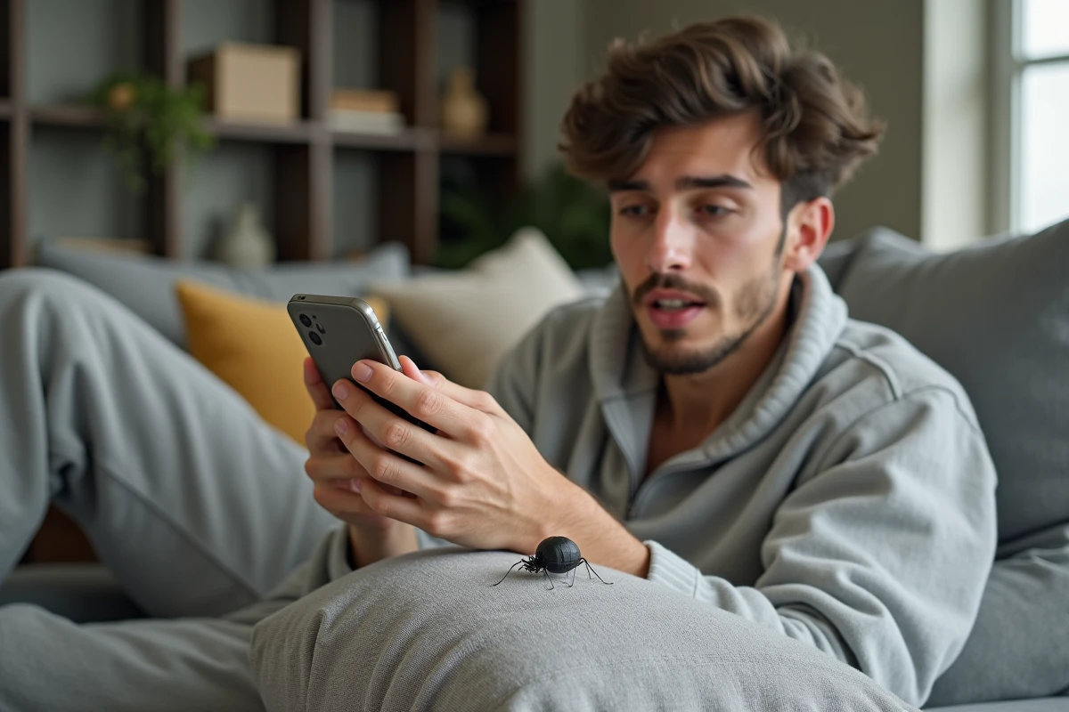 Jeune homme recherchant un insecte sur le canapé