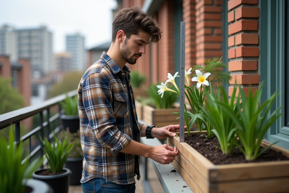 Jeune homme mesurant un lys dans un balcon urbain