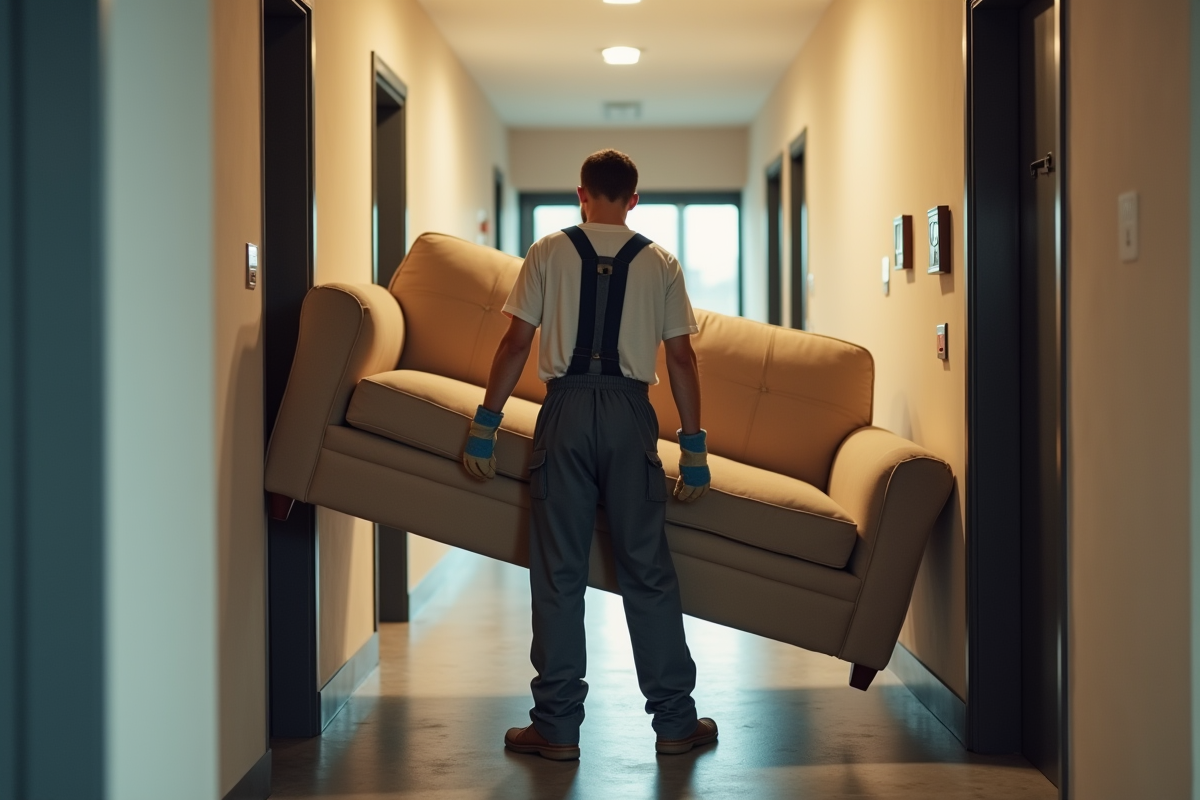 Jeune homme en tenue de travail déplaçant un canapé dans un couloir