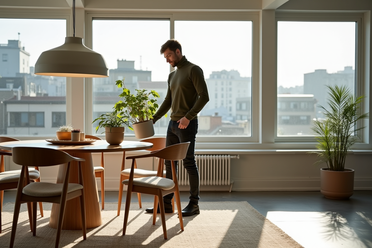 Jeune homme arrangeant une plante sur une chaise vintage