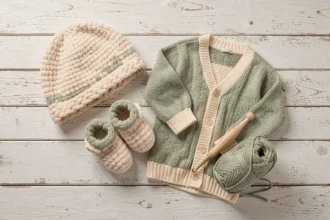 Ensemble layette en bebecolor disposé en flat lay sur bois blanc, avec bonnet tricoté, chaussons et gilet pastel moelleux