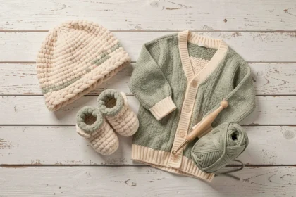 Ensemble layette en bebecolor disposé en flat lay sur bois blanc, avec bonnet tricoté, chaussons et gilet pastel moelleux